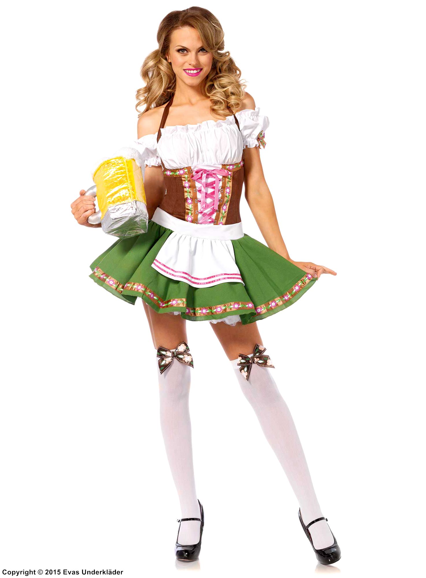 Oktoberfest waitress, costume dirndl dress, lacing, off shoulder, apron